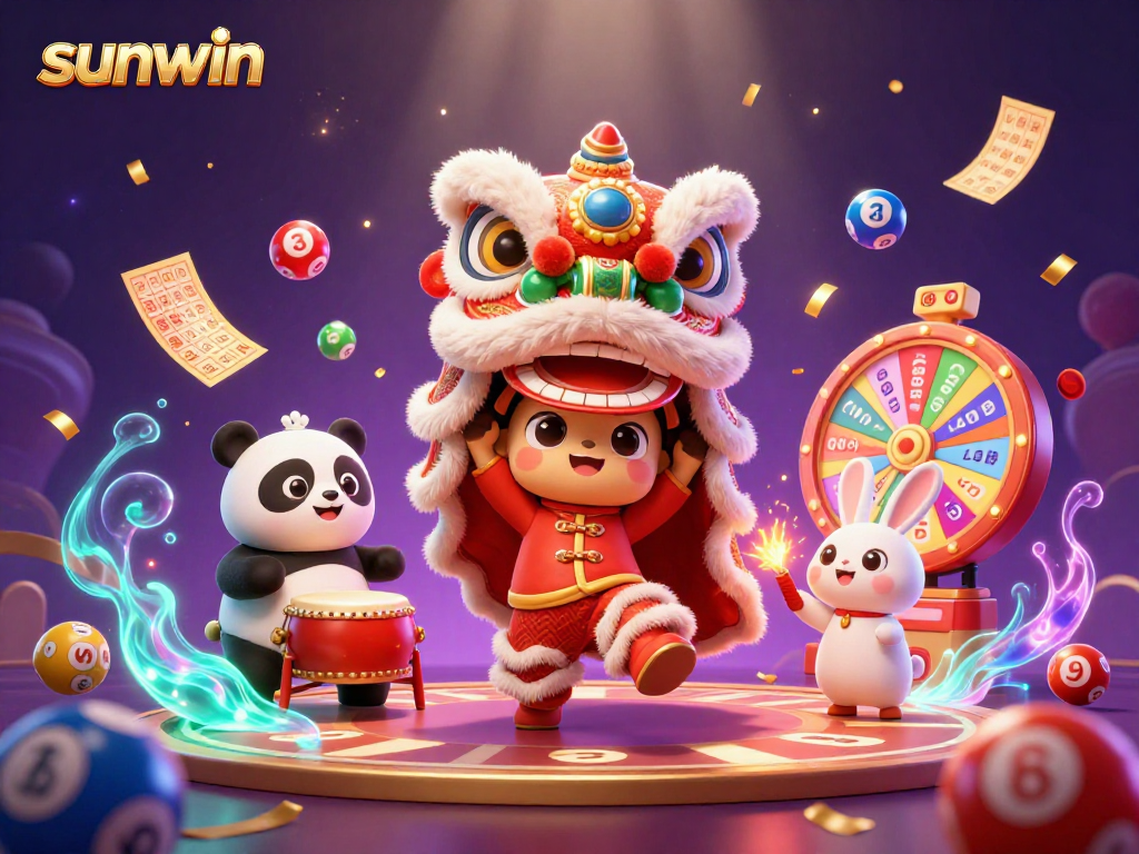 Engage with the sunwin casino experience under a vibrant and festive scene, featuring friendly characters and games.