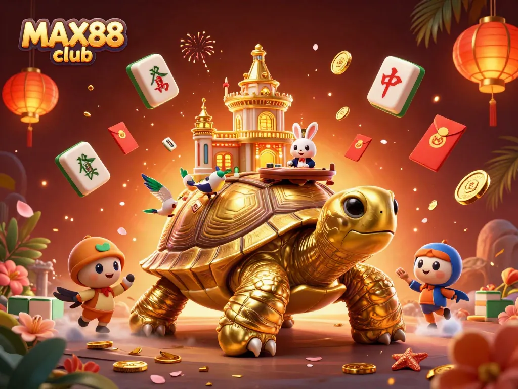 Experience the excitement of MAX88 club with golden tortoise and rabbit dealer amidst vibrant casino elements.