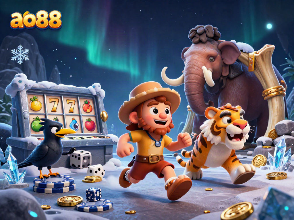 Spin the reels at ao88 with a lively caveman and tiger duo in a prehistoric casino.