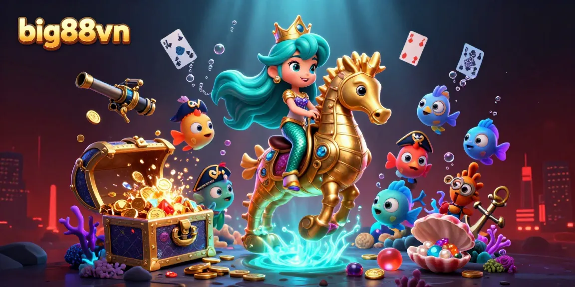 Immerse in big88vn's underwater adventure with a mermaid princess, seahorse, and playful fish.