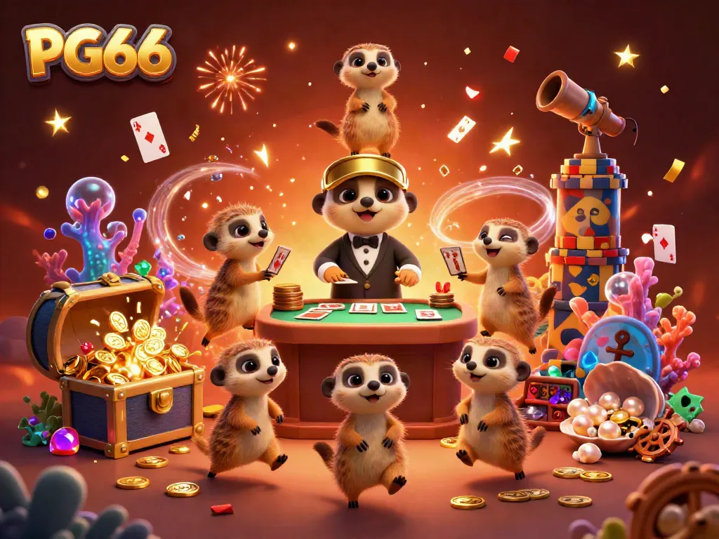 Meerkats operating a vibrant PG66 casino, showcasing cards, chips, and festive decorations.