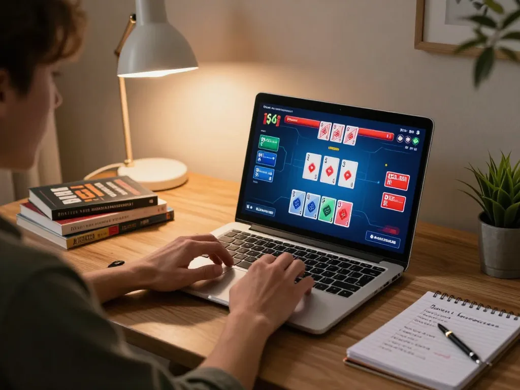 Engaging in a strategic online poker game, va88 player analyzes cards on laptop in cozy home setting.