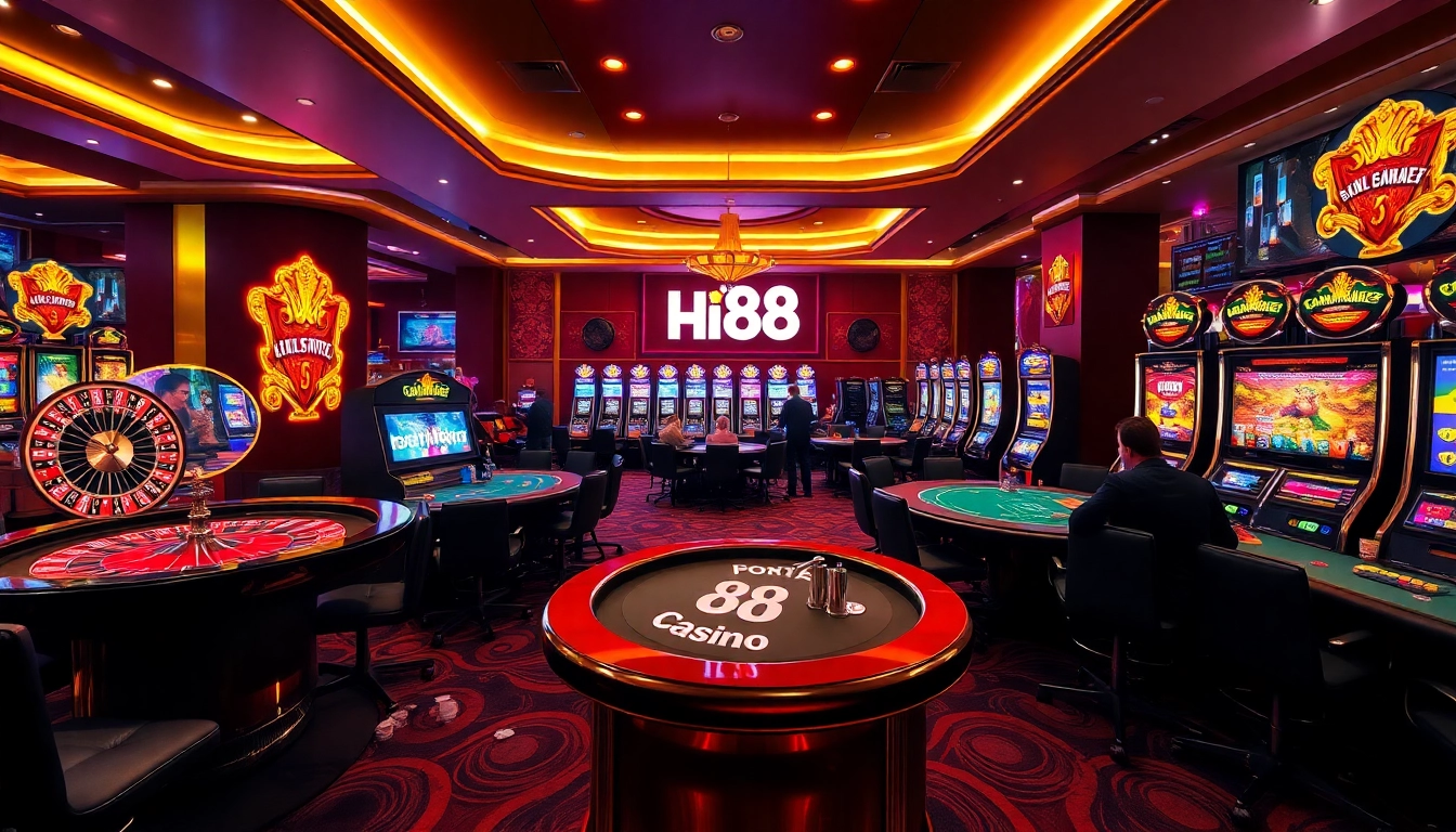 Experience the excitement of Hi88 with players engaging in high-stakes poker and vibrant slot machines.