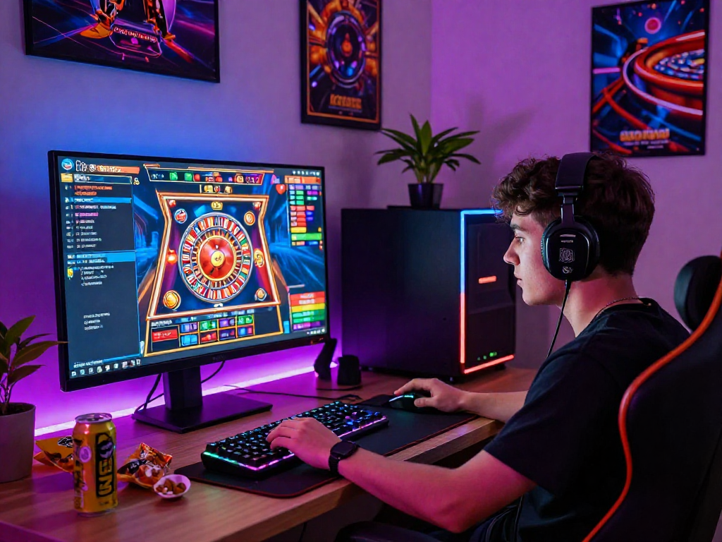 Engaging young adult playing vin88 casino games in a vibrant home gaming setup