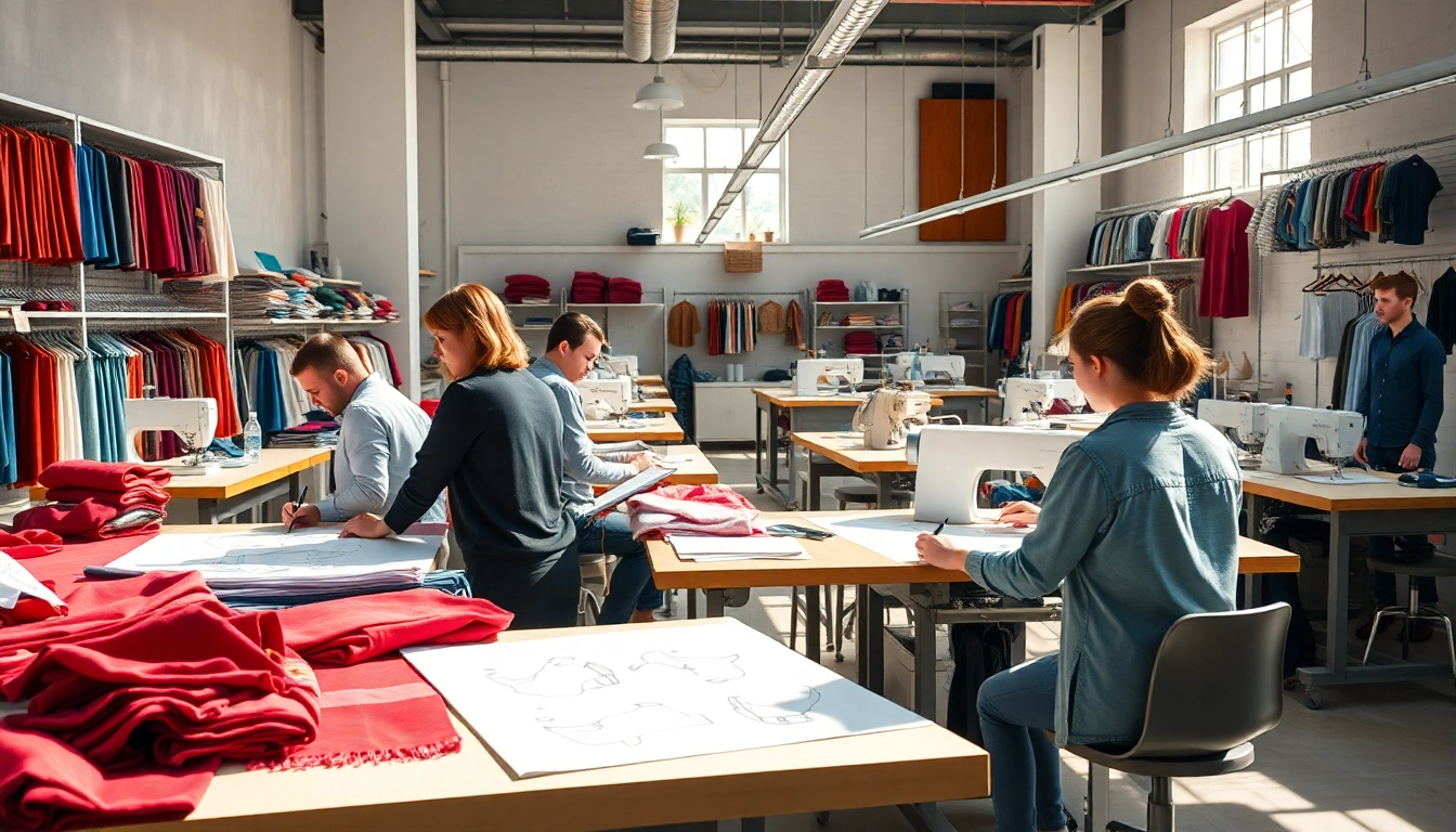 Private label clothing manufacturers collaborating in a vibrant workspace with designers and fabrics.