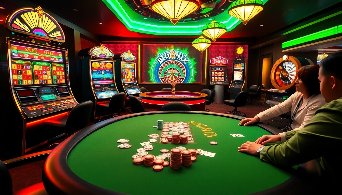 Captivating online casino scene showcasing players engaged at alo789 poker table with vibrant slot machines.