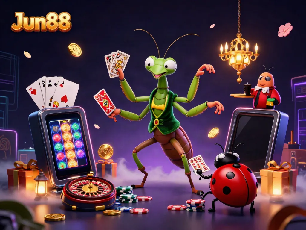 Experience the festive atmosphere of Jun88 with a lively 3D illustration of a mantis card sharp and a pit boss amidst dynamic casino elements.