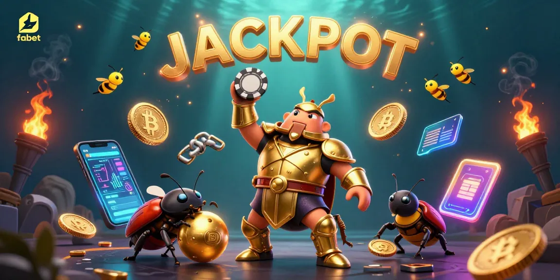 Win with fabet as a victorious beetle lifts poker chip amidst vibrant gaming elements