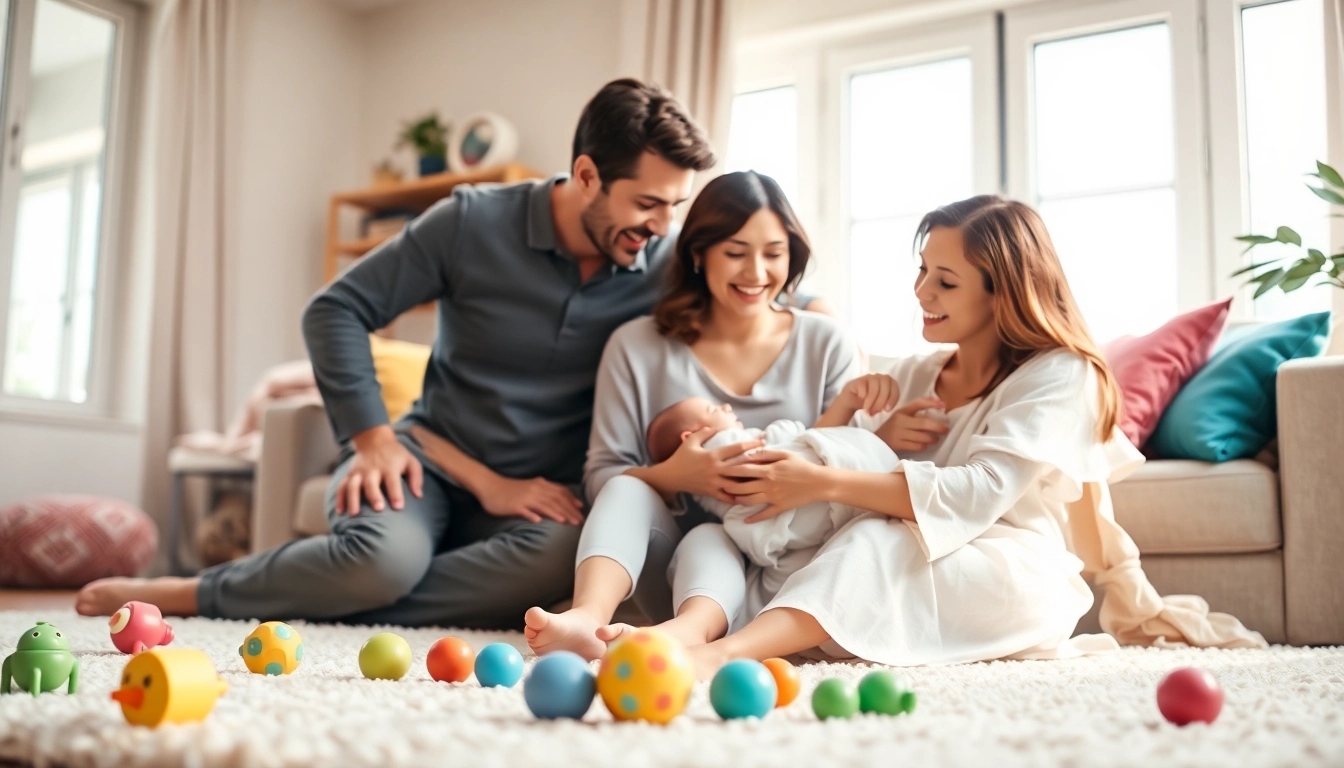 Family with newborn baby enjoying tender moments in a cozy living room setting.
