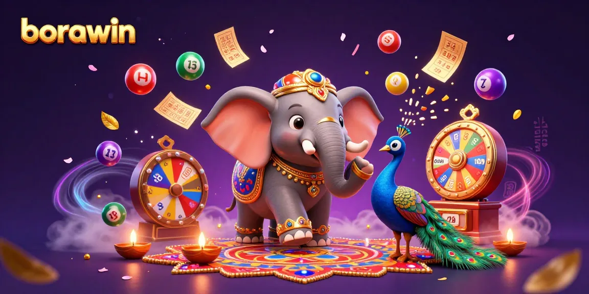 Participe dos emocionantes jogos de loteria da borawin em um cenário vibrante e animado que destaca elementos festivos.