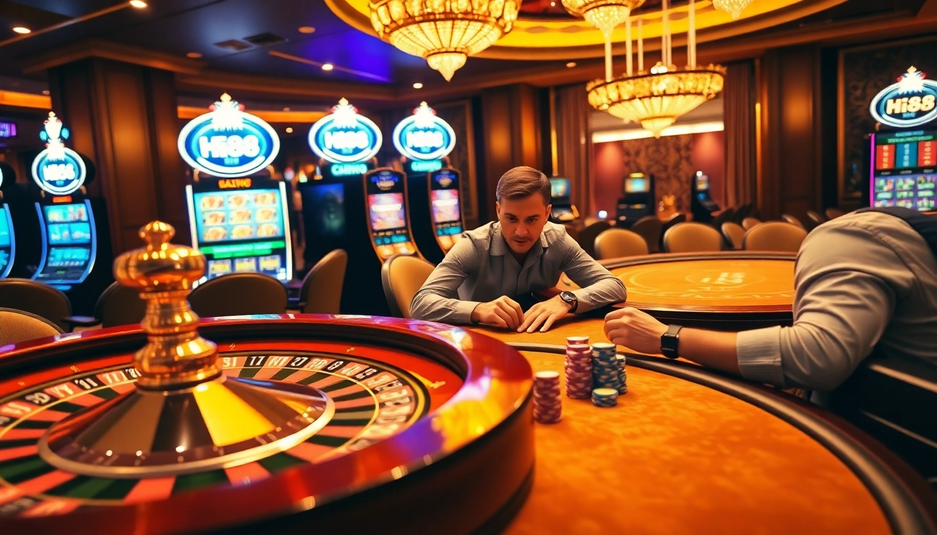 Gambler enjoying the thrilling Hi88 casino experience with poker chips and a roulette wheel.
