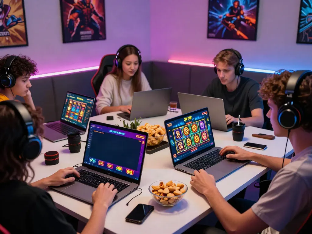 Diverse players enjoying the SKY88 gaming platform on various devices in a stylish gaming nook.