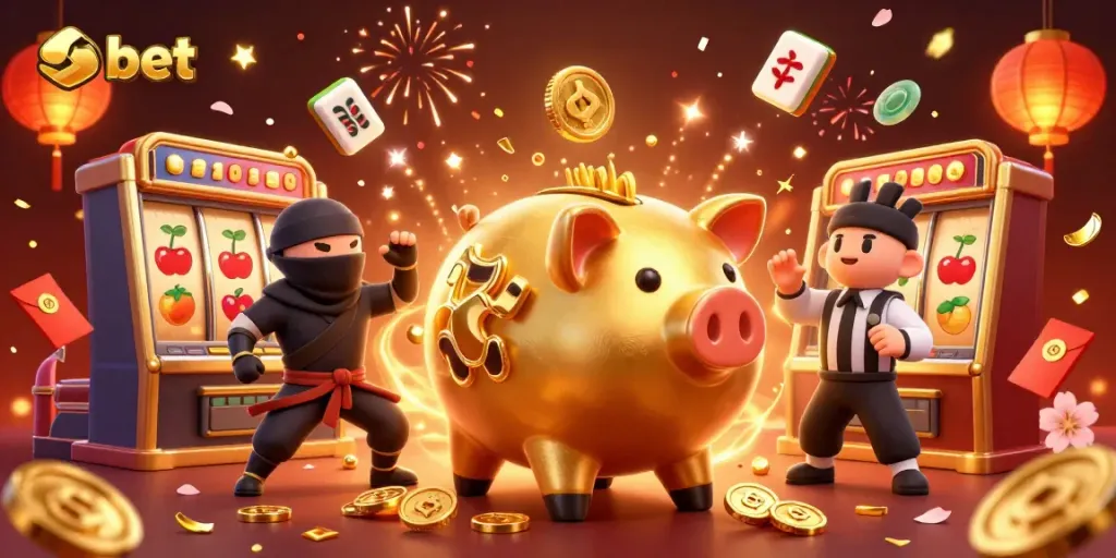 Engage with sh bet's exciting slot world featuring a golden piggy bank sumo wrestler and vibrant game elements.