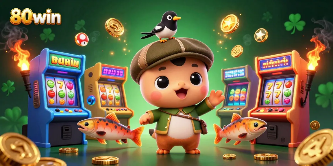 Experience thrilling gaming action with 80win, featuring colorful slot machines and cute cartoon characters.
