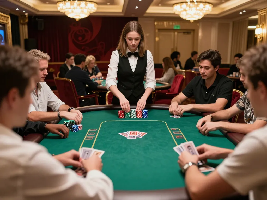 Dynamic poker players engaging at king33 casino table, showcasing excitement and strategy in a luxurious setting.