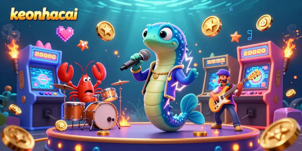 Engaging keonhacai casino scene with electric eel DJ and vibrant gaming elements.