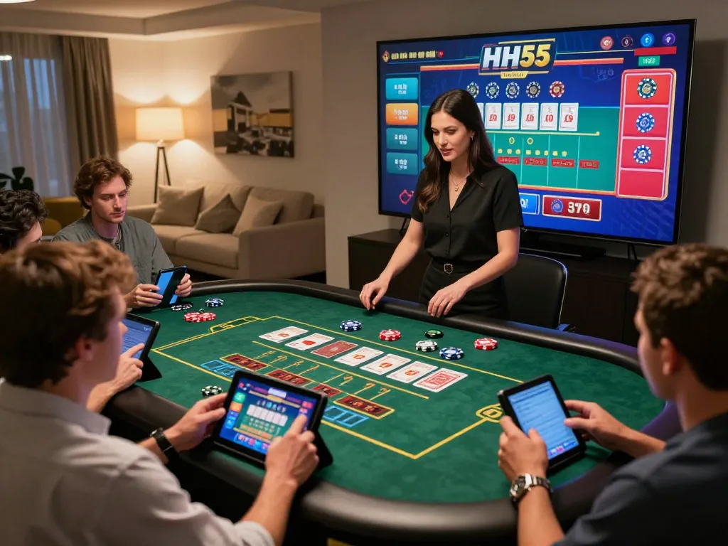 Jogadores aproveitando jogos de dealer ao vivo no cassino online HH55, interagindo com dealers profissionais e interfaces de jogo vibrantes.