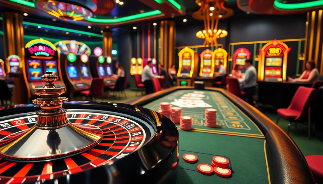 Experience the thrill of 789f as players engage with roulette wheels and poker tables in a vibrant casino setting.