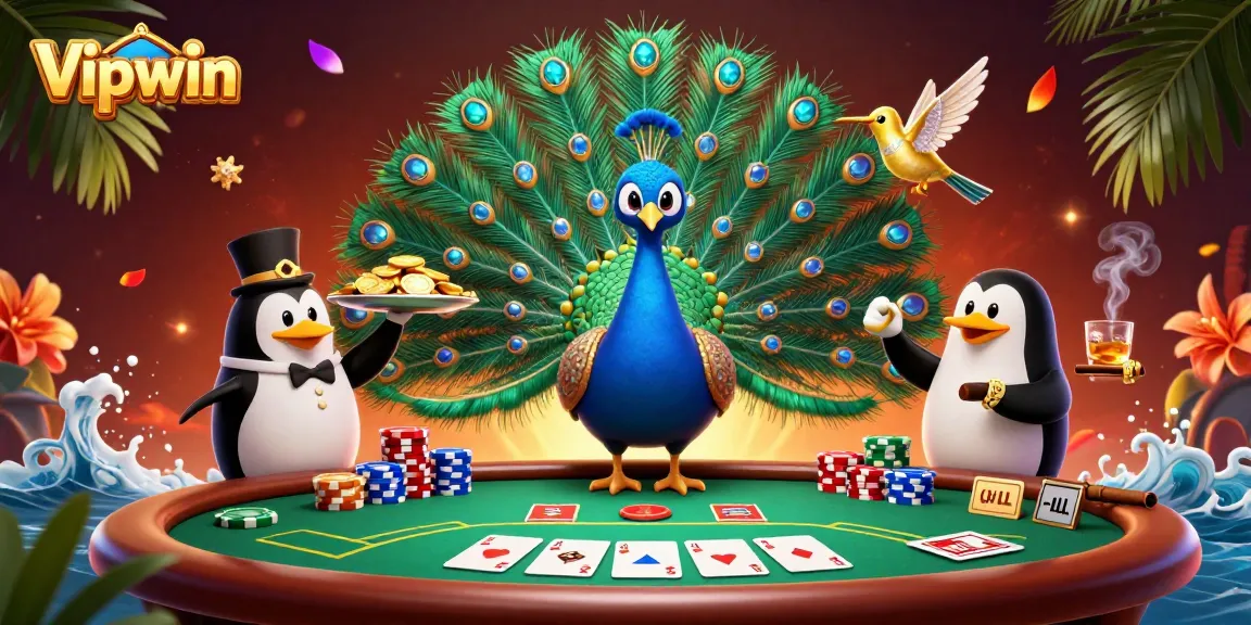 Experience thrilling gaming at Vipwin with a vibrant peacock, butler, and lively casino elements.