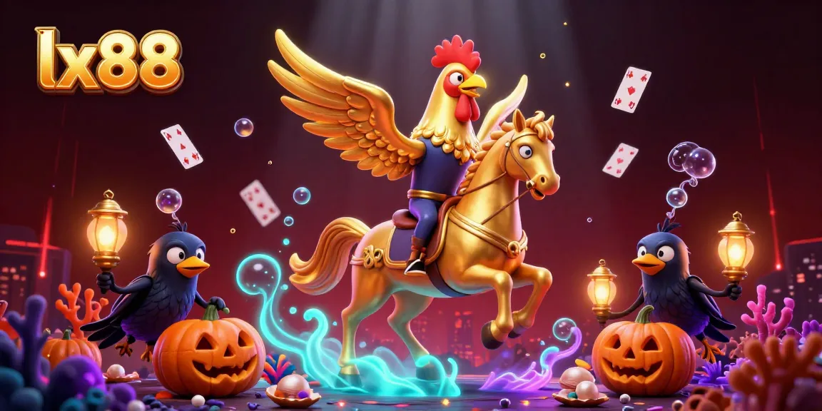 Experience thrilling gaming at lx88: a golden rooster riding a spectral horse amidst vibrant casino elements.