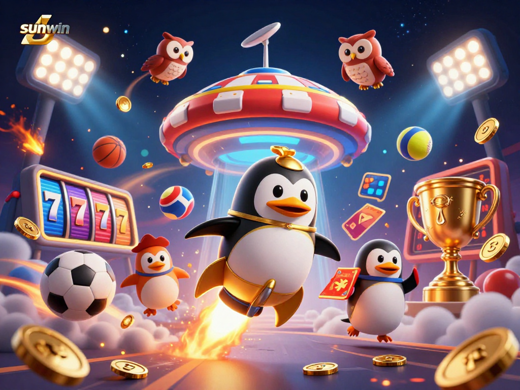 Experience the thrilling adventure of the sunwin golden penguin as it launches towards a vibrant casino.