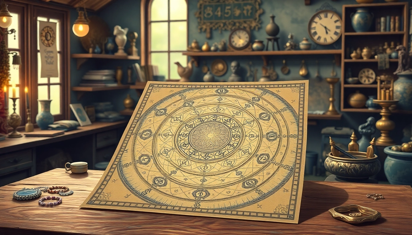 Reveal the intricacies of the destiny matrix with a beautifully illustrated chart on a wooden table.