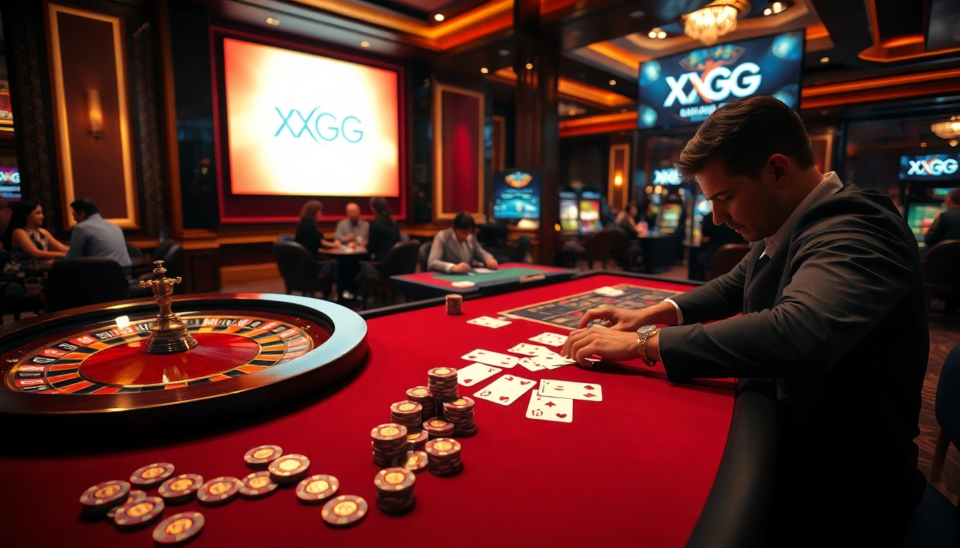 Engaged gamblers enjoying a high-stakes game at a table demonstrating the XXGG betting platform.