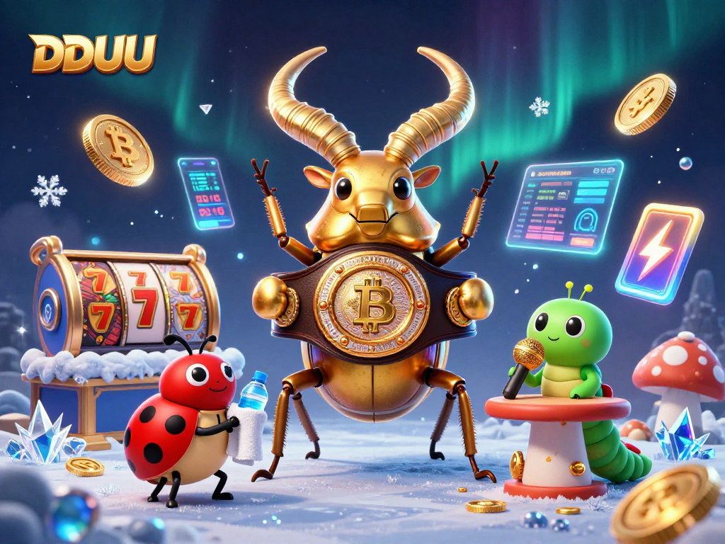 DDUU slots platform showcasing vibrant casino elements with slots and crypto coins.