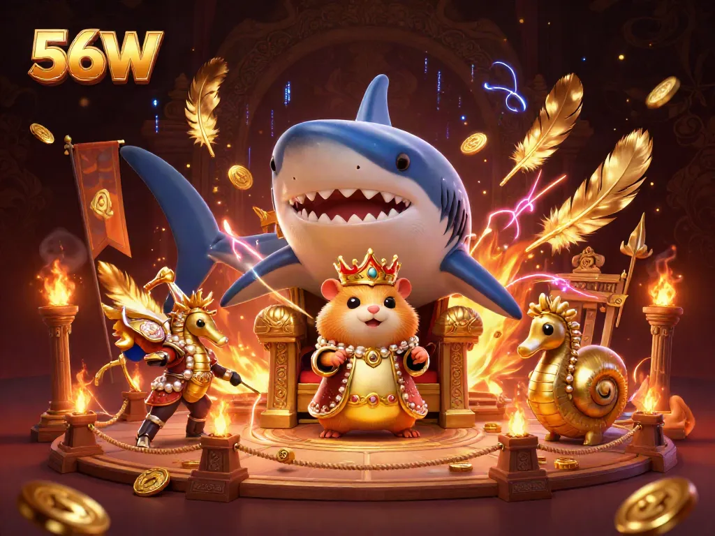 Bet big and win with 56W's playful 3D cartoon illustration featuring a hamster king and seahorse guards.
