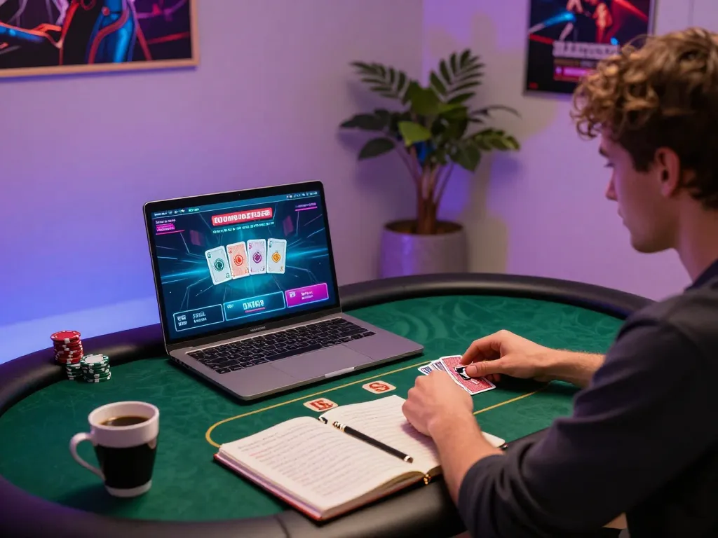 Engaging in online gaming at 27G with a laptop and live dealer poker setup.