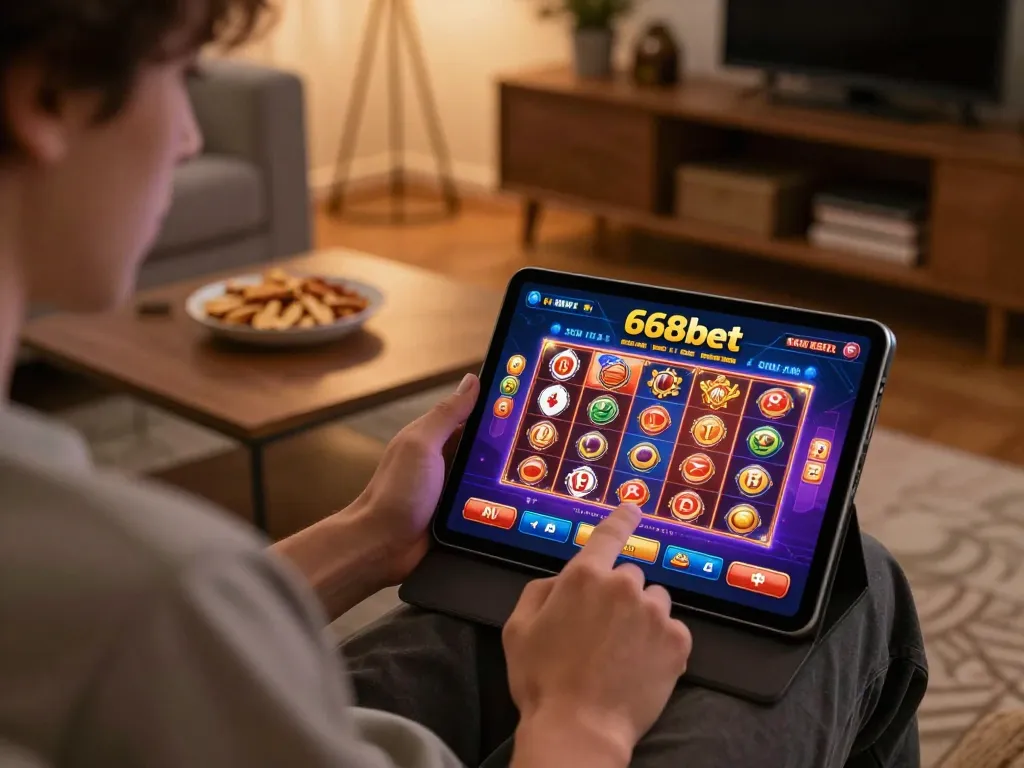 Interagindo com a interface de jogos online da 668bet em um tablet em um ambiente aconchegante, exibindo slots vibrantes.