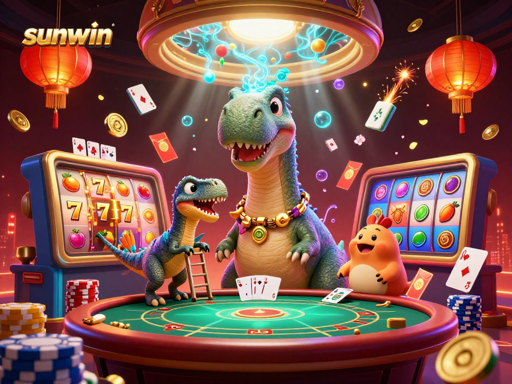 Engage with the thrilling poker scene featuring the sunwin brand, where playful dinosaurs join the excitement.