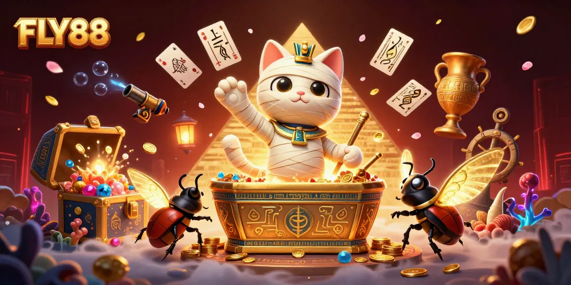 FLY88 features a mystical Egyptian mummy cat and treasures in a slot gaming scene.