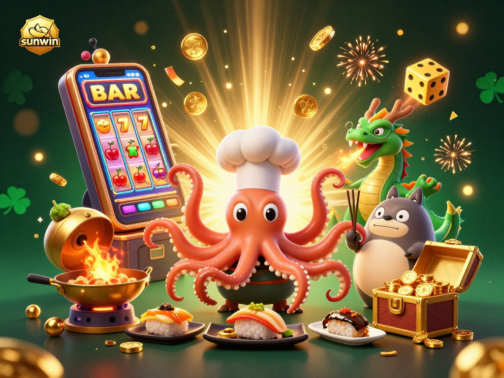 Win big with sunwin in this vibrant casino-themed 3D illustration featuring exciting characters and action.