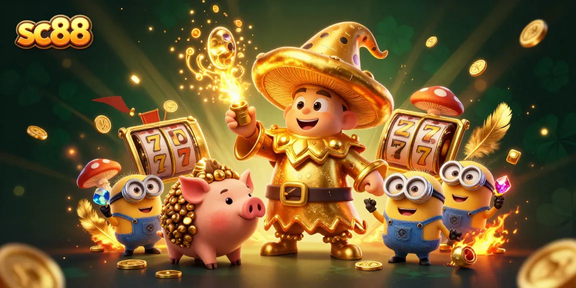 Engage with the exciting world of sc88 slots, featuring golden coins, a magical wizard, and vibrant game elements.
