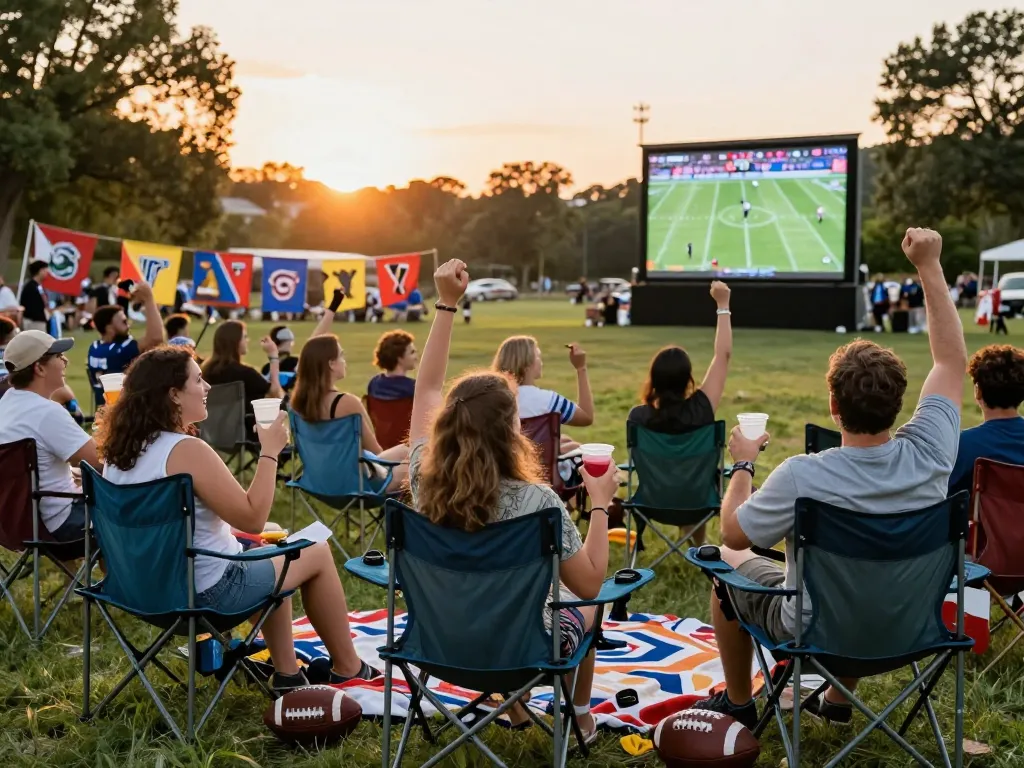 Fans enjoying a football match at LuongSonTV gathering in a park, cheering with flags and drinks.