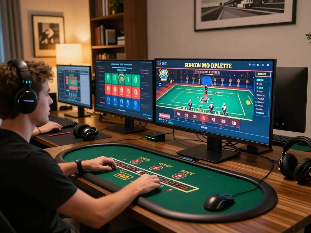 Configuração de jogos online AAVIP apresentando blackjack com dealer ao vivo na tela com decoração de casa elegante.