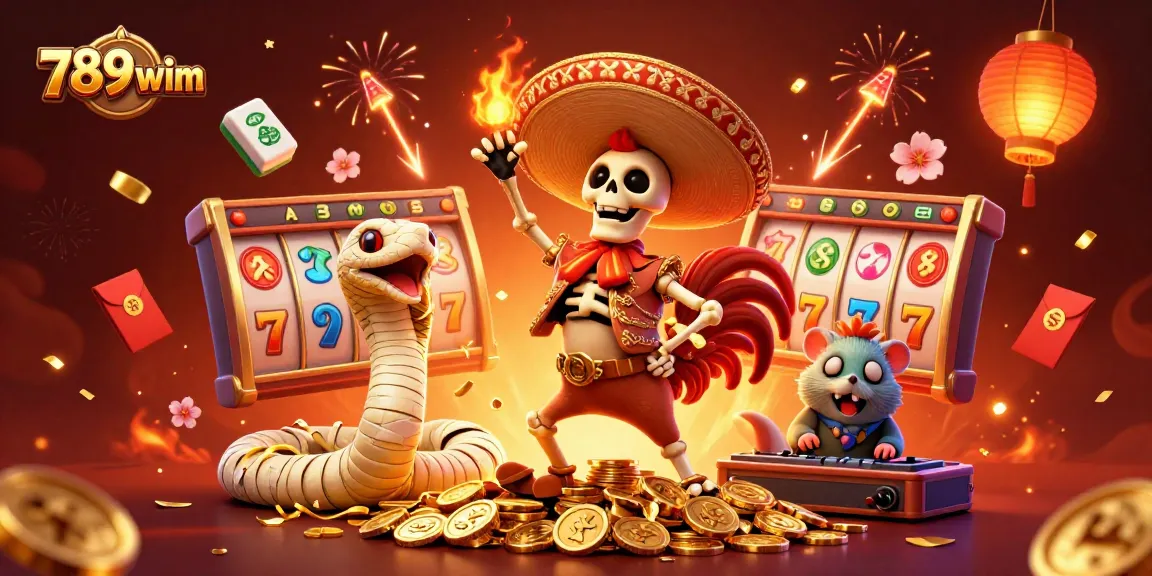 Engage with the vibrant energy of 789wim's animated casino scene featuring a dancing mariachi rooster.
