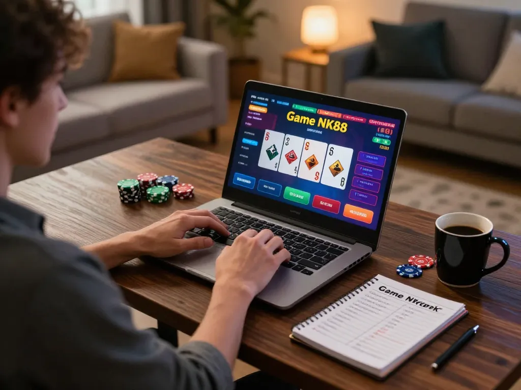Engaging gameplay scene featuring Game NK88 on a laptop during online casino session.