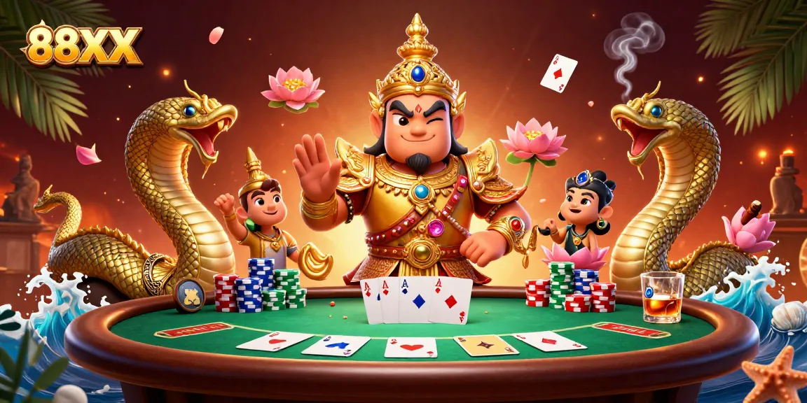 Engage with 88XX in a vibrant casino scene featuring a Thai guardian and poker elements.