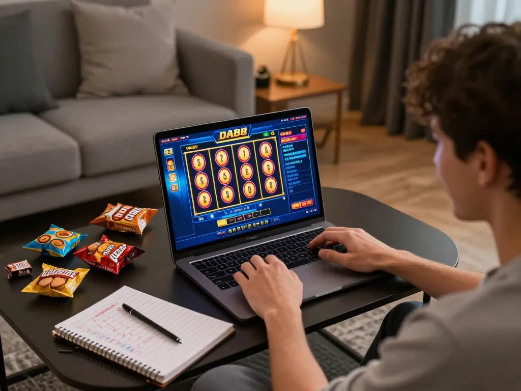 Player enjoying online slots at DA88, with vibrant graphics and gaming strategies visible.