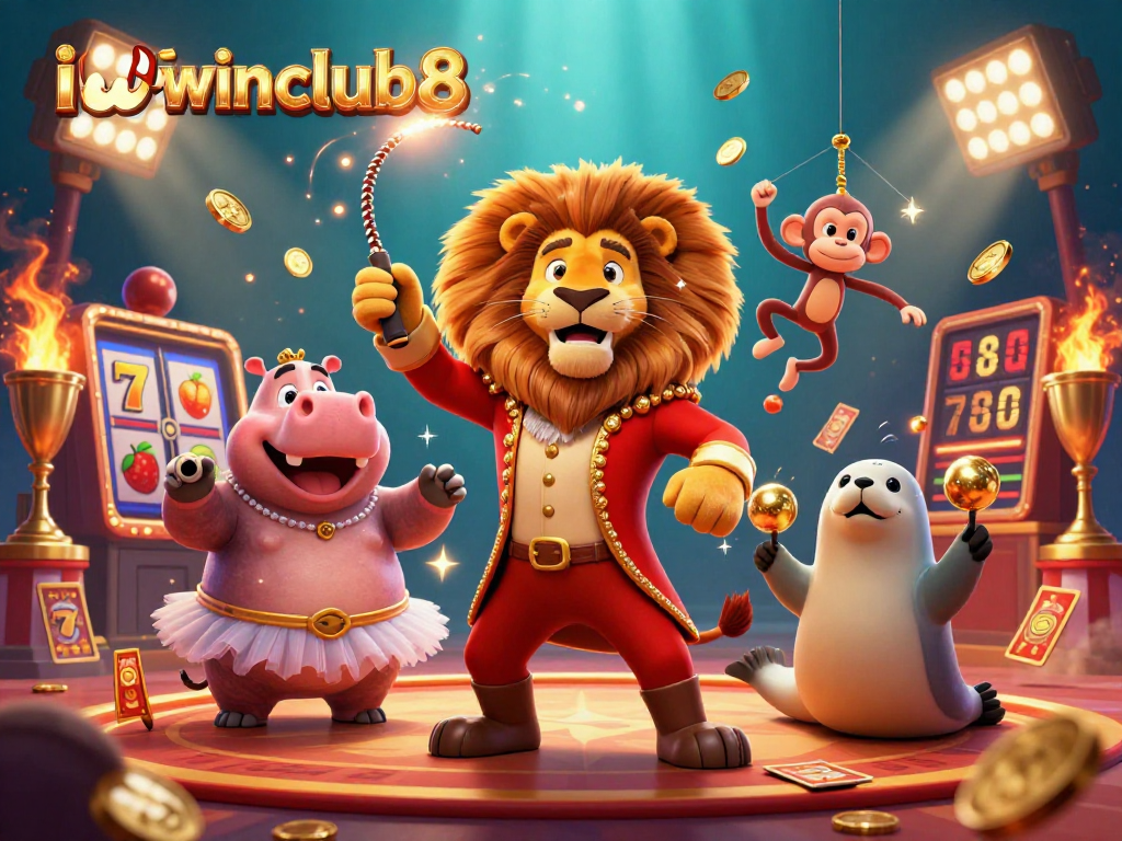 Engage with iwinclub8's vibrant casino action featuring ringmaster lion and playful characters.
