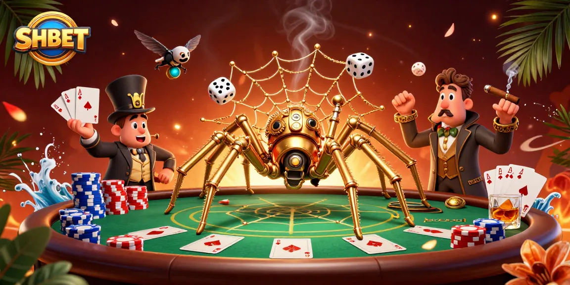 Engage with SHBET's thrilling casino experience featuring a 3D steampunk spider and flying gentleman.
