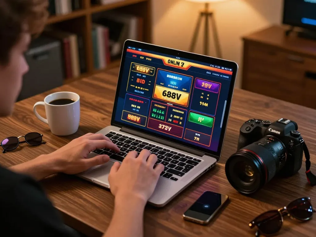 Player engaging in 688V online casino gameplay, laptop showing betting options amidst a cozy home environment.