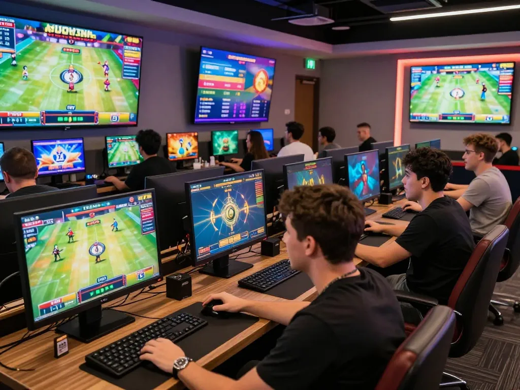 Exciting gaming scene at trang chủ Onbet with players engaged in various games, showcasing vibrant atmosphere.