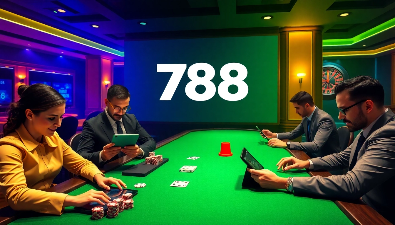 Experienced players enjoying their time on the 788t online casino platform, surrounded by vibrant casino elements.