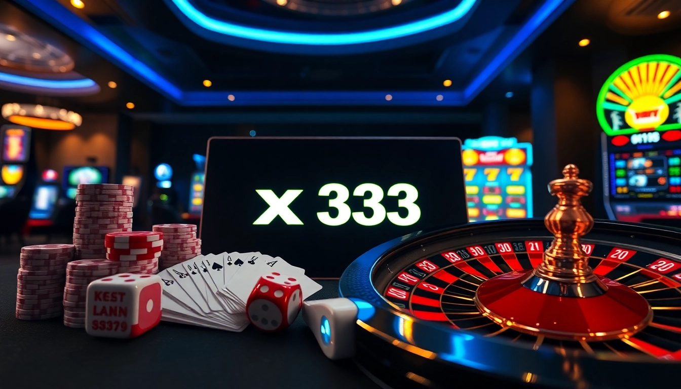 Exciting x333 poker chips, cards, and digital roulette spinning at a professional casino table