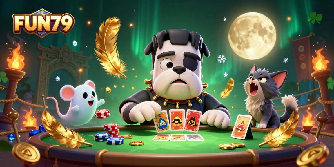 Experience thrilling action at FUN79, as a bulldog dealer deals cards under a spooky glow while a ghost mouse floats through.