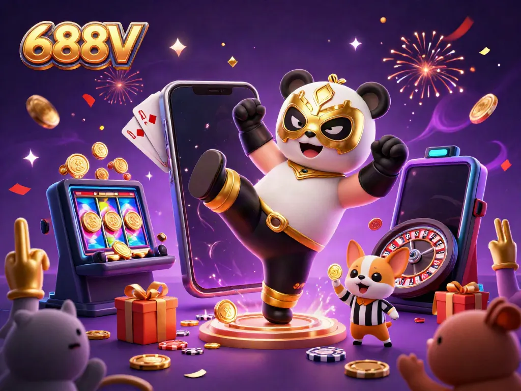 Experience thrilling gameplay action with 688V as a panda performs a flying kick amidst a dynamic casino scene.