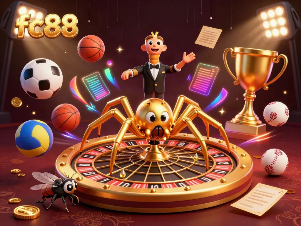 Experience thrilling bets at fc88 with a golden spider and dynamic sports elements in an exciting casino scene.
